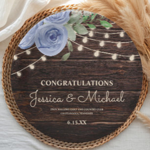 Rustic Wood String Lights Blue Floral Wedding Paper Plate