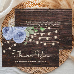 Rustic Wood String Lights Blue Floral Wedding Thank You Card
