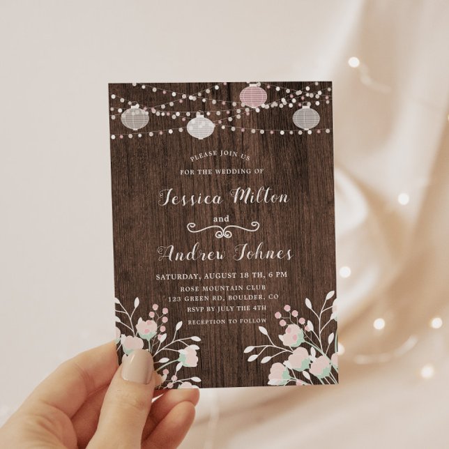 Rustic Wood String Lights Blush Floral Wedding Invitation (Creator Uploaded)