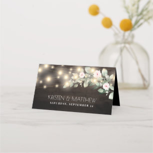 Rustic Wood String Lights Boho Greenery Wedding Place Card