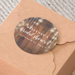Rustic Wood String Lights Bridal Shower Classic Round Sticker