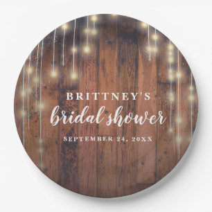 Rustic Wood String Lights Bridal Shower Paper Plate