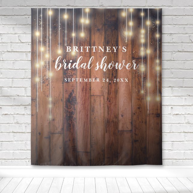 Rustic Wood String Lights Bridal Shower Tapestry (Rustic wood with string lights bridal shower tapestry for the perfect photo ops)