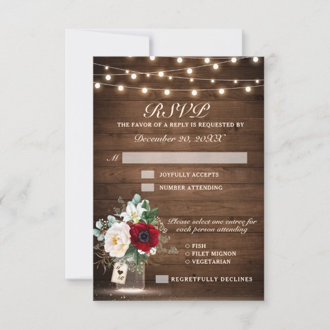 Rustic Wood String Lights Burgundy Floral Wedding RSVP Card (Front)