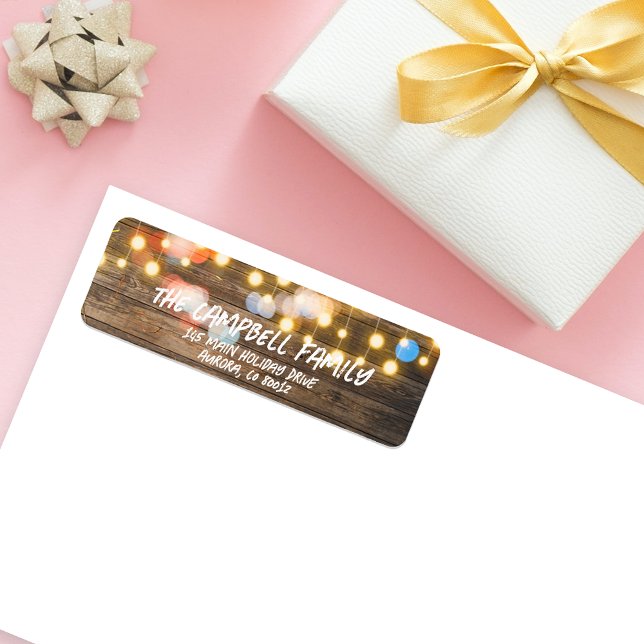 Rustic Wood String Lights Christmas Return Address (Creator Uploaded)