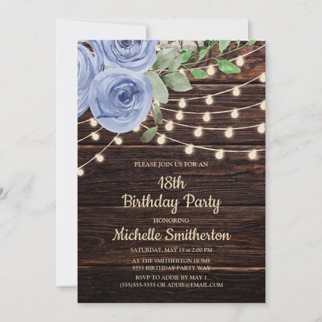 Rustic Wood String Lights Dusty Blue Floral 18th Invitation (Front)