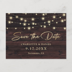 Rustic Wood String Lights Elegant Script Wedding Announcement Postcard