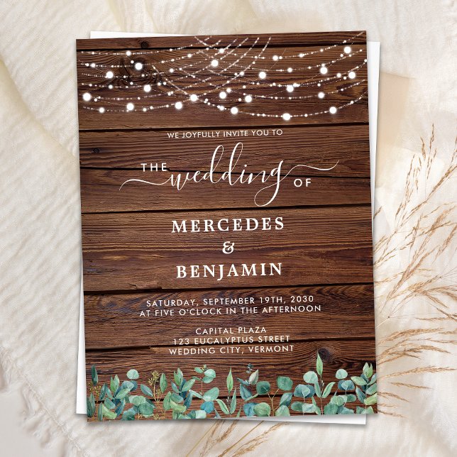 Rustic Wood String Lights Eucalyptus Wedding Invit Postcard (Creator Uploaded)