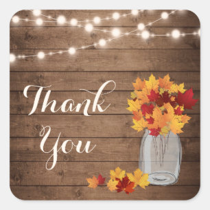 Rustic Wood String Lights Fall Mason Jar Thank You Square Sticker