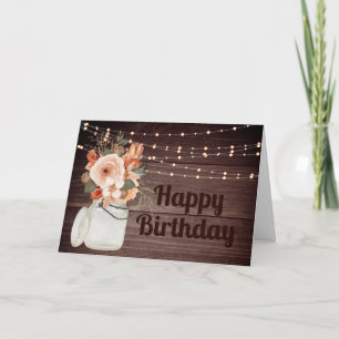 Rustic Wood String Lights Floral Birthday Card