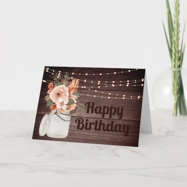 Rustic Wood String Lights Floral Birthday Card (Front)