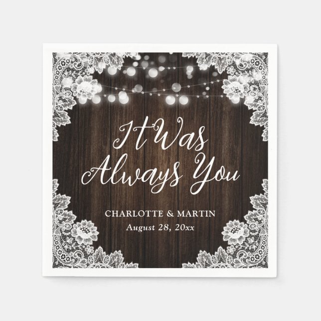 Rustic Wood String Lights Floral Lace Wedding Napkin (Front)