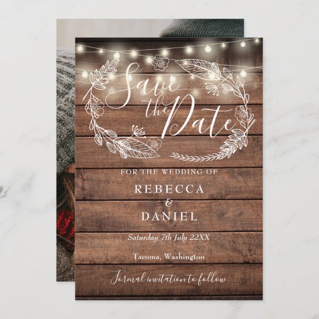 Rustic Wood String Lights Floral Photo Wedding Save The Date (Front/Back)