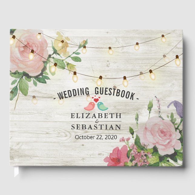 Rustic Wood String Lights Floral Wedding Guestbook (Front)