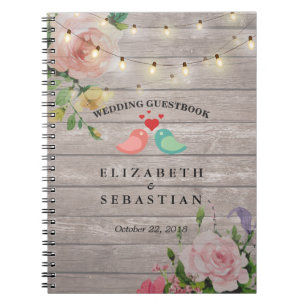 Rustic Wood String Lights Floral Wedding Guestbook Spiral Notebook
