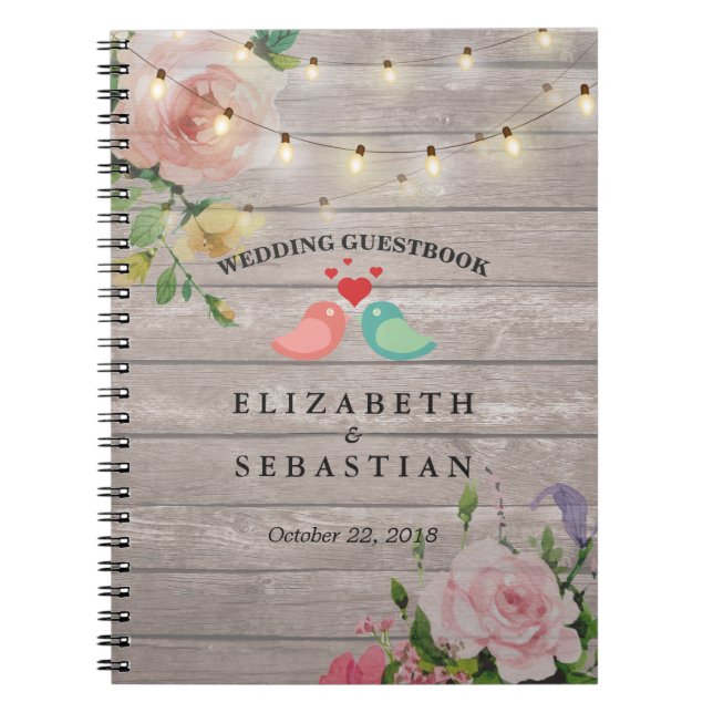 Rustic Wood String Lights Floral Wedding Guestbook Spiral Notebook (Front)