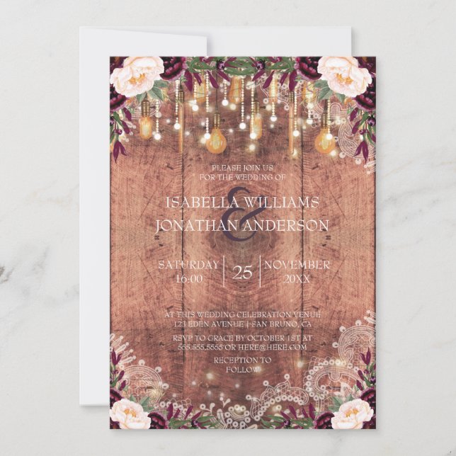 Rustic Wood & String Lights Floral Wedding Invitation (Front)