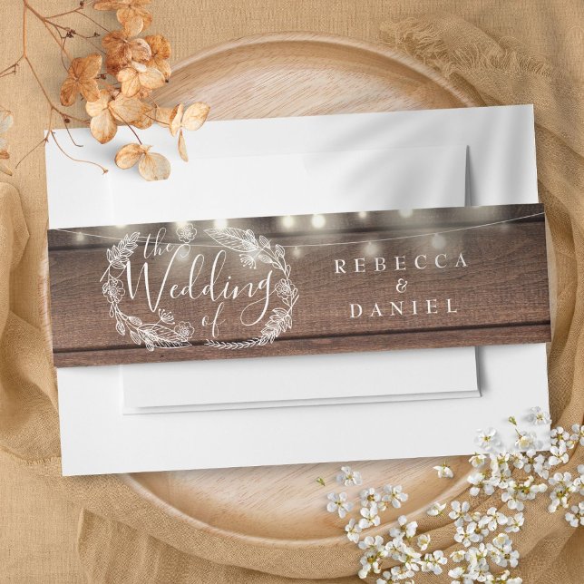 Rustic Wood String Lights Floral Wedding Invitation Belly Band (Rustic Wood String Lights Floral Wedding Invitation Belly Band)