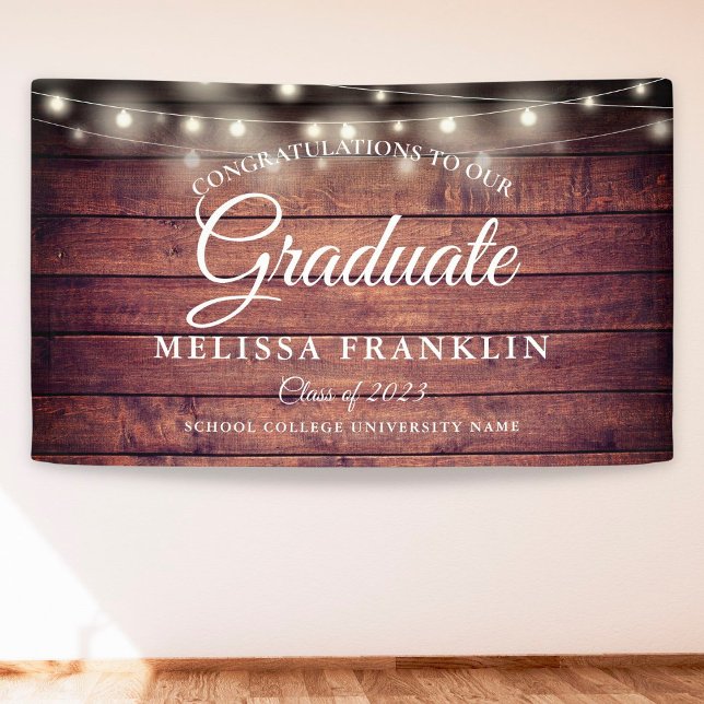Rustic Wood String Lights Graduation Party Banner (Creator Uploaded)