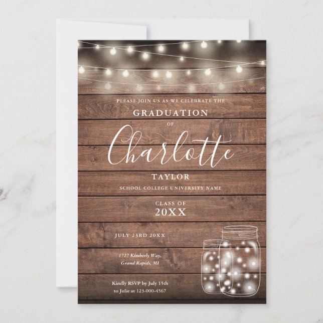 Rustic Wood String Lights Graduation Party Photo Invitation (Front)
