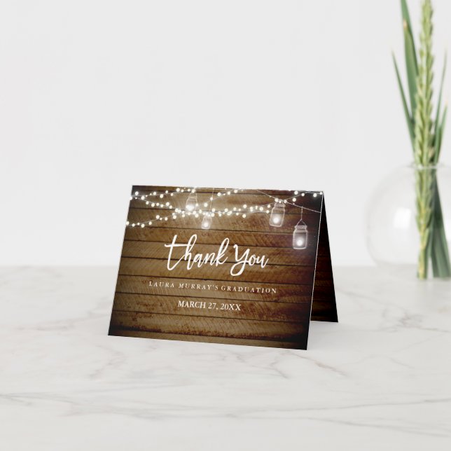 Rustic Wood String Lights Graduation Thank You Card (Front)