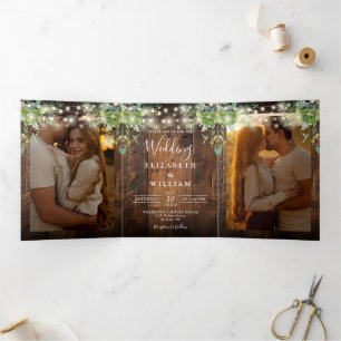 Rustic Wood String Lights Greenery 3 Photo Wedding Tri-Fold Invitation
