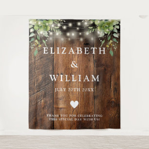 Rustic Wood String Lights Greenery Photo Backdrop Tapestry