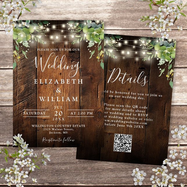 Rustic Wood String Lights Greenery QR Code Wedding Invitation (Rustic Wood String Lights Greenery QR Code Wedding Invitation)