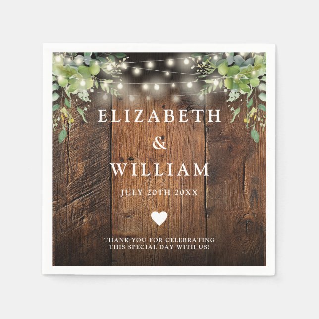 Rustic Wood String Lights Greenery Wedding Napkin (Front)