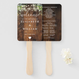 Rustic Wood String Lights Greenery Wedding Program Hand Fan
