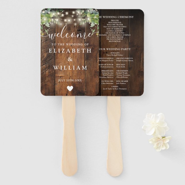 Rustic Wood String Lights Greenery Wedding Program Hand Fan (Front and Back)
