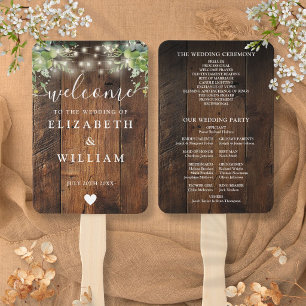 Rustic Wood String Lights Greenery Wedding Program Hand Fan