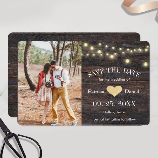 Rustic Wood String Lights Heart Photo Wedding Save The Date (Creator Uploaded)