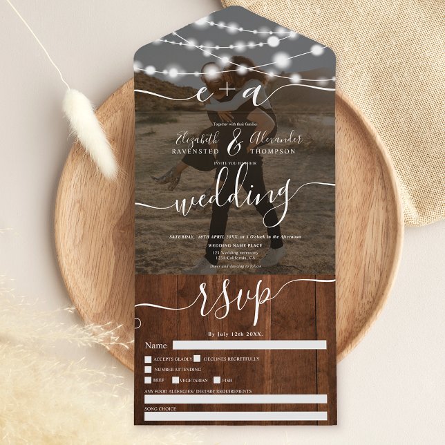Rustic wood string lights initials photo wedding all in one invitation (Creator Uploaded)