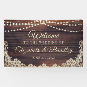 Rustic Wood String Lights Ivory Lace Wedding Banner