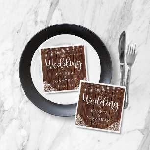 Rustic Wood String Lights Lace Farmhouse Wedding Napkin