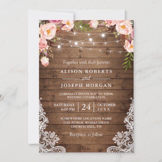 Rustic Wood String Lights Lace Floral Farm Wedding Invitation (Front)
