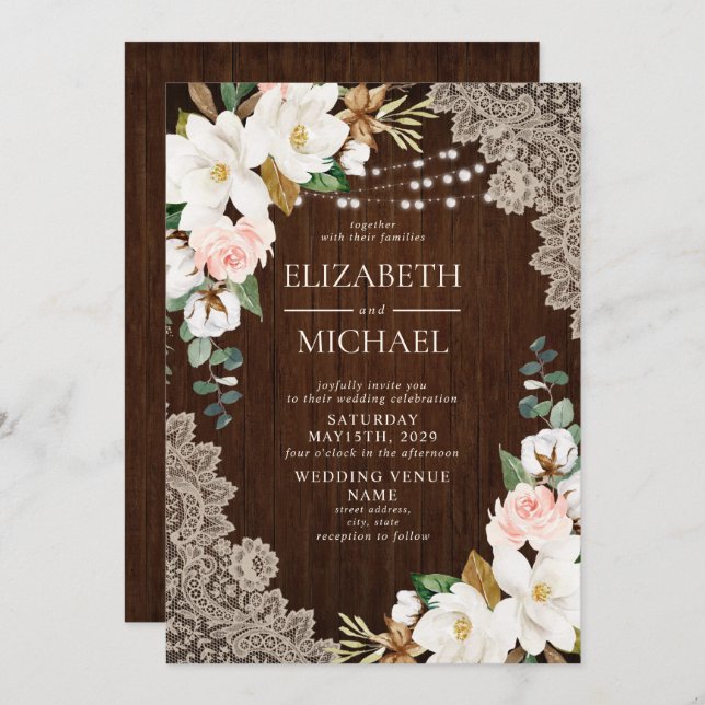 Rustic Wood String Lights Lace Floral Farm Wedding Invitation (Front/Back)