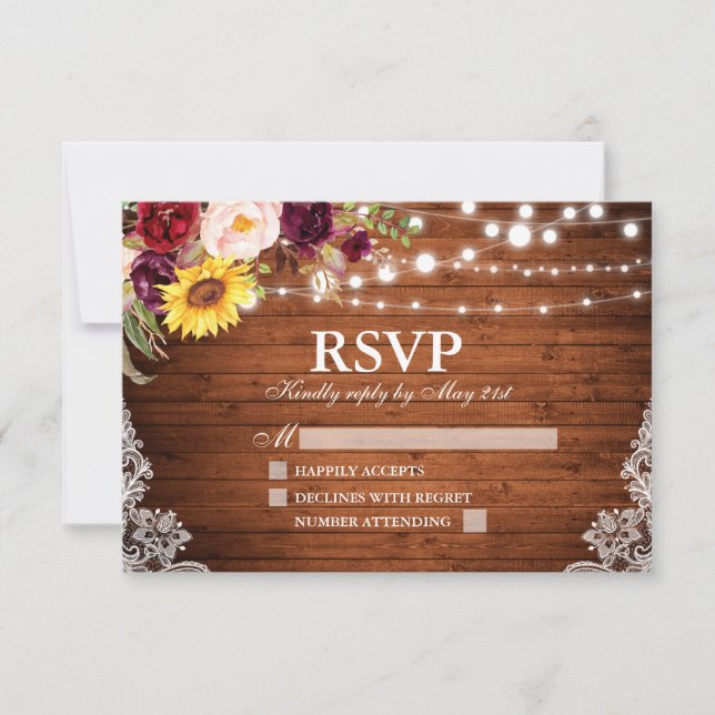 Rustic Wood String Lights Lace Floral Wedding RSVP Card (Front)