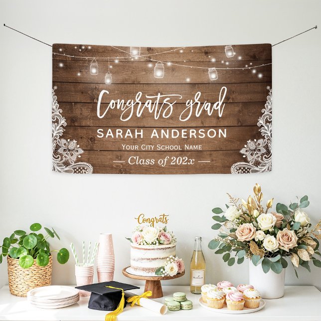 Rustic Wood String Lights Lace Graduation Party Banner (Creator Uploaded)