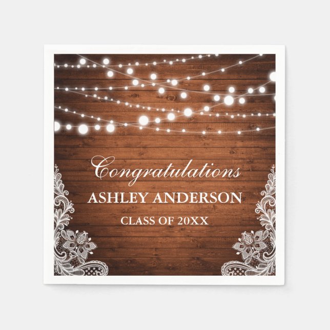Rustic Wood String Lights Lace Graduation Party Napkin (Front)