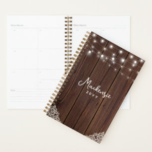 Rustic Wood String Lights Lace Personalised Planner