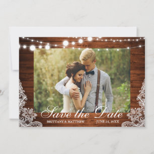 Rustic Wood String Lights Lace Photo Save The Date