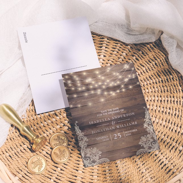 Rustic Wood & String Lights | Lace Save The Date Announcement Postcard (Creator Uploaded)