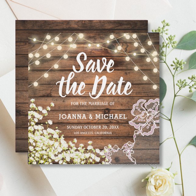 Rustic Wood String Lights & Lace Save the Date Inv Invitation (Creator Uploaded)