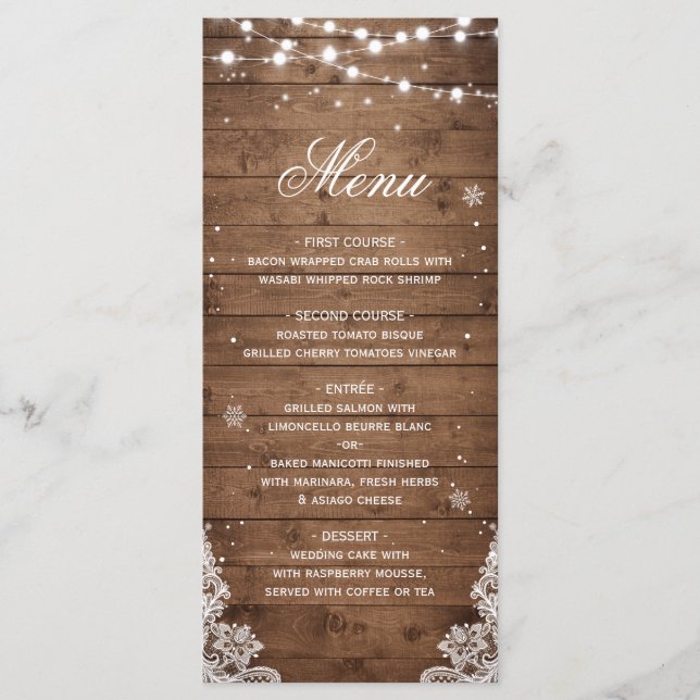 Rustic Wood String Lights Lace Snowflakes Menu (Front)