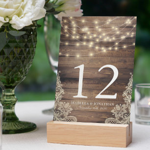 Rustic Wood & String Lights   Lace Table Number