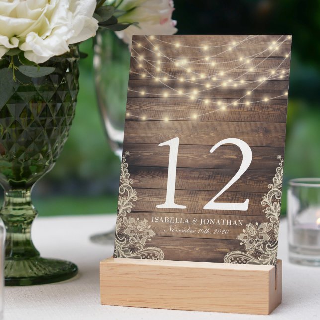 Rustic Wood & String Lights | Lace Table Number (Rustic Wood & String Lights | Lace Table Number)