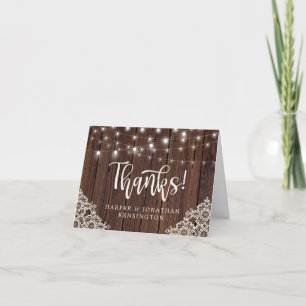 Rustic Wood String Lights Lace Thank You Card