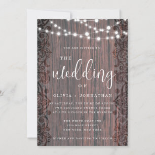 Rustic Wood String Lights Lace Wedding Invitation